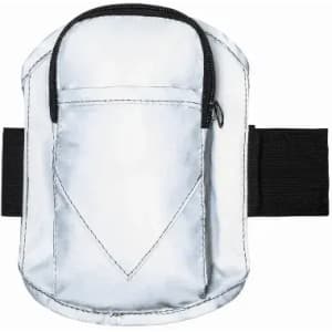 A silver armband with a zippered pocket and adjustable black strap. It features a simple design with no visible branding.