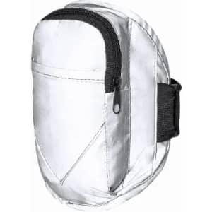 A white promotional product with a zippered pocket and adjustable strap. It features a logo on the front.