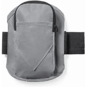 A grey promotional product with a zippered pocket and elastic strap, designed for carrying small items.