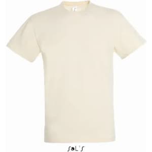 A men's T-shirt in a light cream colour made from 100% semi-combed ring spun cotton. Features a branding logo.
