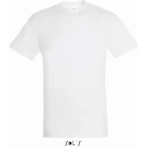 A white T-shirt made from 100% semi combed ring spun cotton, featuring a brand logo.