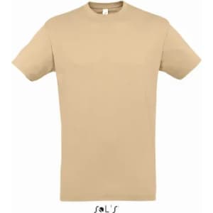 A beige T-shirt made of 100% semi-combed ring-spun cotton, featuring a brand logo.
