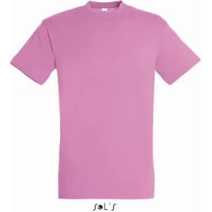 A men's T-shirt in a vibrant pink colour, made from 100% semi-combed ring spun cotton, featuring a logo.