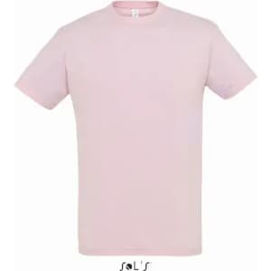 A pink T-shirt made of 100% semi-combed ring-spun cotton, featuring a branding logo.