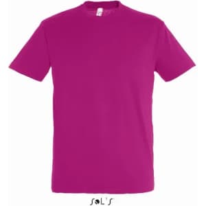 A magenta T-shirt made from 100% semi-combed ring spun cotton, featuring a logo.
