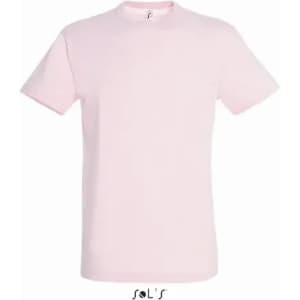 A pink T-shirt made from 100% semi-combed ring spun cotton, featuring a logo at the bottom.
