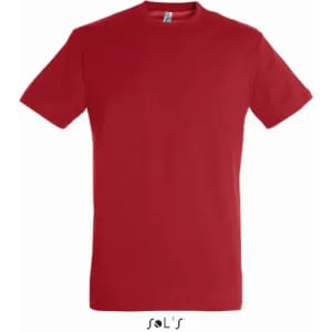 A red T-shirt made of 100% semi-combed ring-spun cotton, featuring a small logo on the front.