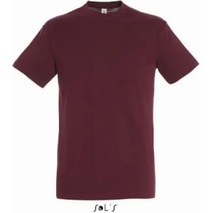 A maroon T-shirt made from 100% semi-combed ring-spun cotton, featuring a brand logo.