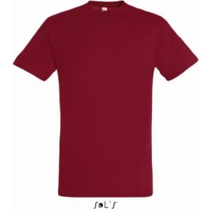 A maroon T-shirt made of 100% semi-combed ring spun cotton with a logo on the label.