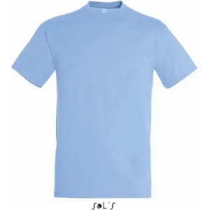 A light blue T-shirt made from 100% semi-combed ring-spun cotton, featuring a logo on the lower part.
