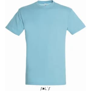 A light blue men's T-shirt made from 100% semi-combed ring spun cotton, featuring a logo.