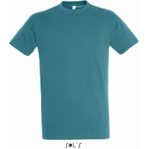 A teal T-shirt made from 100% semi-combed ring spun cotton, featuring a logo.