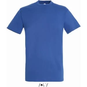 A blue T-shirt made of 100% semi-combed ring-spun cotton, featuring a simple design and a logo at the bottom.