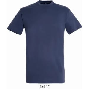 A navy blue T-shirt made from 100% semi combed ring spun cotton, featuring a logo at the bottom.