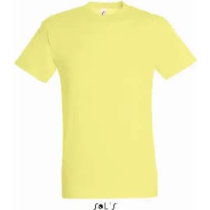 A yellow T-shirt made from 100% semi-combed ring-spun cotton, featuring a logo.