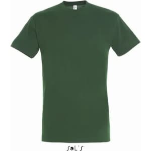 A green T-shirt made from 100% semi-combed ring spun cotton, featuring a logo on the label.