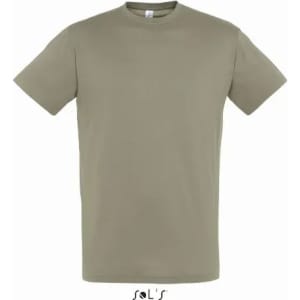 A plain olive green T-shirt made from 100% semi combed ring spun cotton, featuring a brand logo.