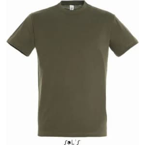 A plain olive green men's T-shirt made from 100% semi-combed ring spun cotton, featuring a logo.