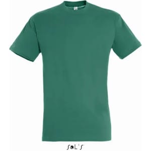 A green T-shirt made from 100% semi-combed ring spun cotton, featuring a logo on the label.