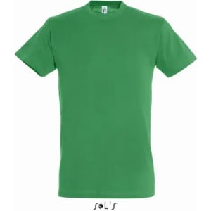 A green T-shirt made of 100% semi combed ring spun cotton, featuring a label and logo.