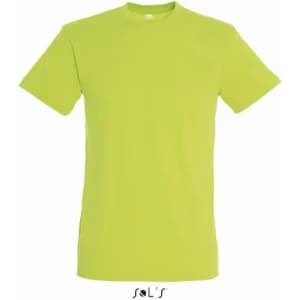 A green T-shirt made from 100% semi-combed ring spun cotton, featuring a logo at the bottom.