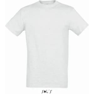 A white T-shirt made from 100% semi-combed ring spun cotton, featuring a logo at the bottom.