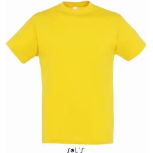 A yellow men's T-shirt made of 100% semi-combed ring spun cotton, featuring a logo.