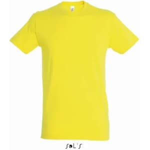A yellow men's T-shirt made of 100% semi-combed ring-spun cotton, featuring a logo.
