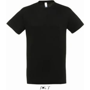 A black men's T-shirt made from 100% semi-combed ring spun cotton featuring a logo.