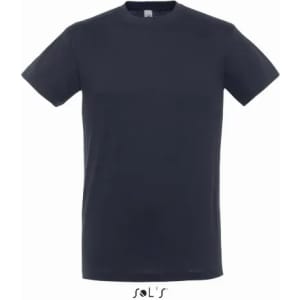 A navy blue men's T-shirt made from 100% semi-combed ring spun cotton with a logo.