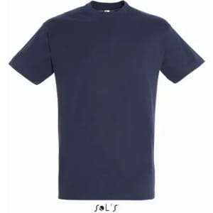 A navy blue T-shirt made of 100% semi-combed ring spun cotton, featuring a logo.