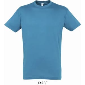 A solid blue men's T-shirt made from 100% semi-combed ring spun cotton, featuring a brand logo.