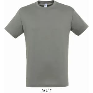 A grey T-shirt made from 100% semi-combed ring-spun cotton, featuring a brand logo.