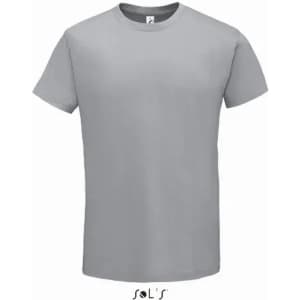 A grey T-shirt made from 100% semi-combed ring-spun cotton. It features a logo.