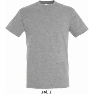 A grey T-shirt made of 100% semi-combed ring-spun cotton, featuring a logo.