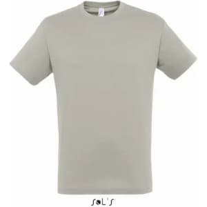 A plain men's T-shirt in a light grey colour made from 100% semi combed ring spun cotton, with a logo at the bottom.