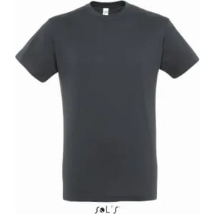 A dark grey T-shirt made from 100% semi combed ring spun cotton, featuring a logo on the neck.