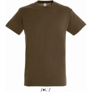 A brown men's T-shirt made from 100% semi-combed ring-spun cotton, featuring a logo.