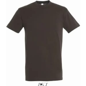 A brown men's T-shirt made of 100% semi-combed ring spun cotton, featuring a logo.