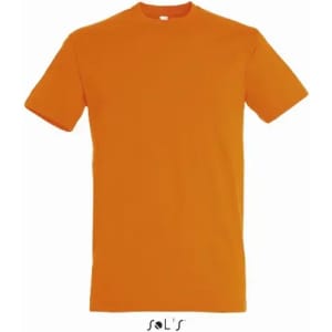 An orange T-shirt made from 100% semi-combed ring spun cotton, featuring a logo.