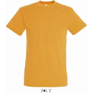 A plain mustard yellow men's T-shirt made from 100% semi-combed ring spun cotton, featuring a logo.