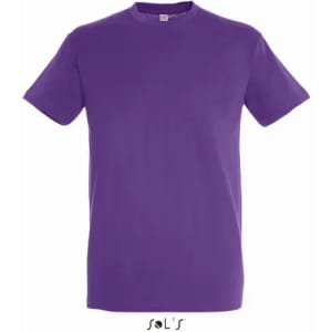 A purple men's T-shirt made from 100% semi combed ring spun cotton with a logo.
