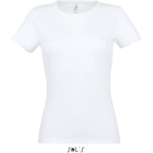 A fitted white women's T-shirt made from 100% semi-combed ring-spun cotton. It features a logo.