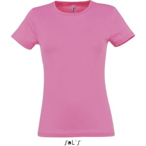 A women's fitted T-shirt in pink, made from 100% semi-combed ring-spun cotton, featuring a brand logo.