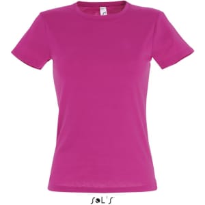 A women's fitted T-shirt in bright pink, made from 100% semi combed ring spun cotton, with a logo present.
