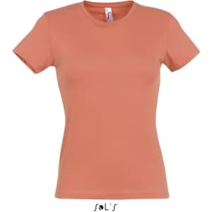 A women's fitted T-shirt in a soft peach colour, made from 100% semi-combed ring spun cotton, with a logo at the bottom.