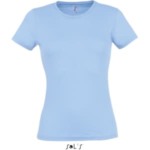 A fitted women's T-shirt in light blue, made from 100% semi-combed ring spun cotton, featuring a logo.
