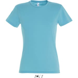 A women's fitted T-shirt in light blue, made from 100% semi-combed ring spun cotton, featuring a small logo.