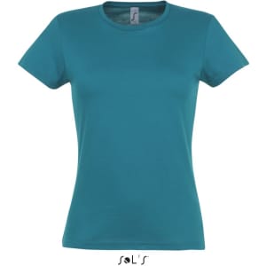 A women's fitted T-shirt in teal, made from 100% semi-combed ring spun cotton, featuring a logo.