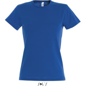 A women's fitted T-shirt in a vibrant blue colour made from 100% semi-combed ring spun cotton, featuring a logo.